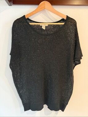 Tru Self Lightweight Knit Sequin Short-Sleeve Pullover Sweater, Black, FLAWED